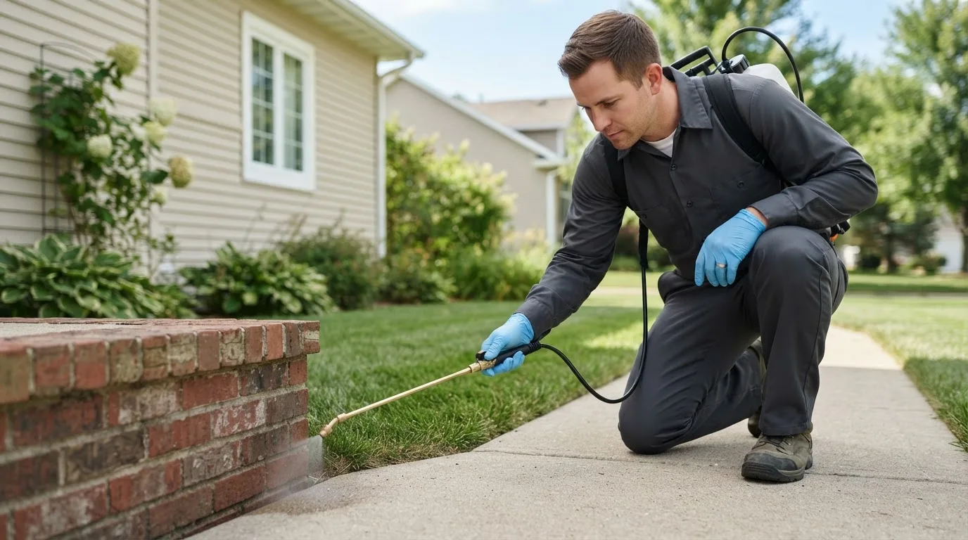 Pest control technician treating a home near Trimont, MN